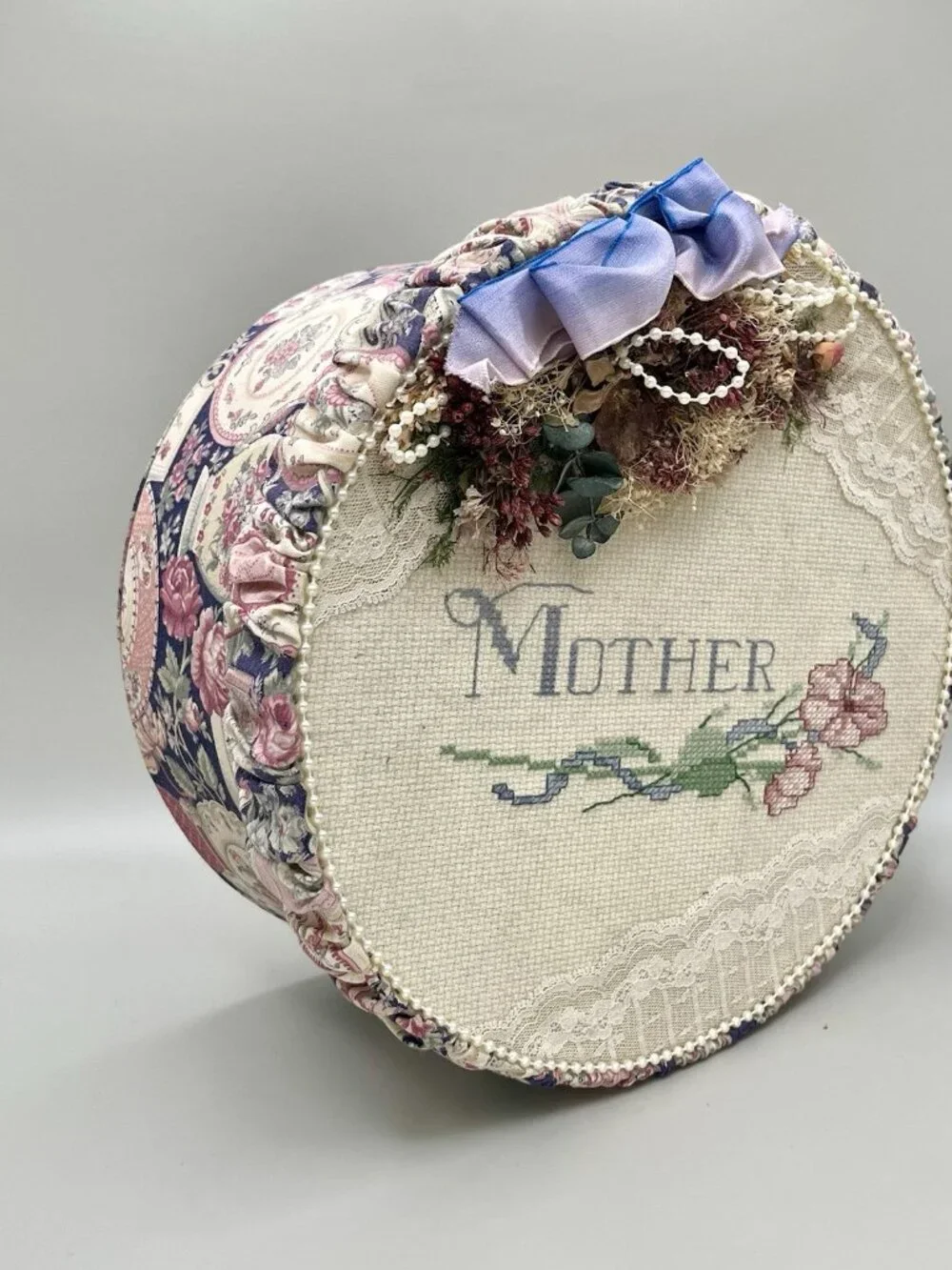VTG Cross Stitch Mother Hat Sewing Box Round Keepsake Dried Flowers Victorian